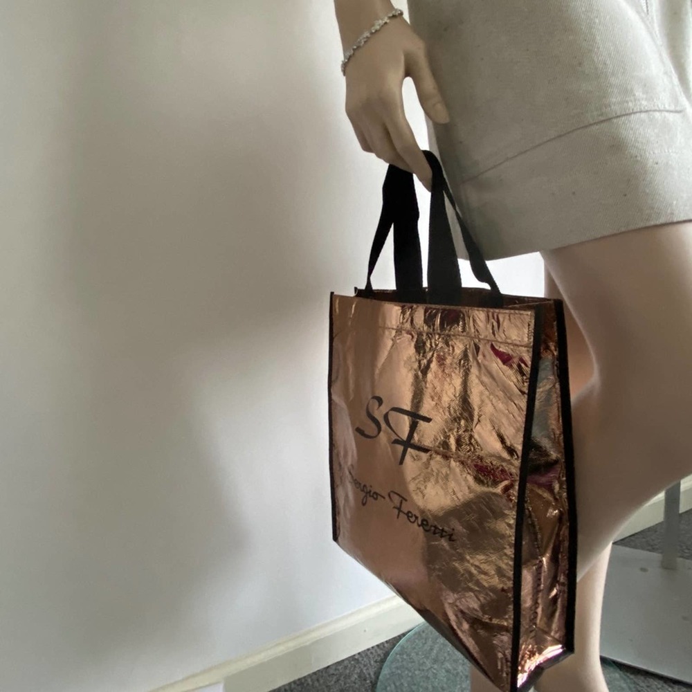 Sergio Feretti Logo Rose Gold Shopper Metallic Tote Bag NEW